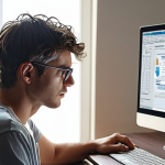 **

Prompt: A person working on a computer in a well-lit room, taking a break to look at something far away. Focus on healthy eye care habits in the digital age.

**