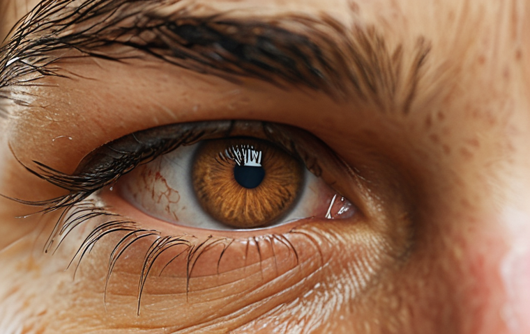 ** A close-up shot of tired eyes, reflecting the strain of prolonged computer use. The image should convey dryness and fatigue. Consider using warm tones and slightly blurred focus to enhance the feeling.
**