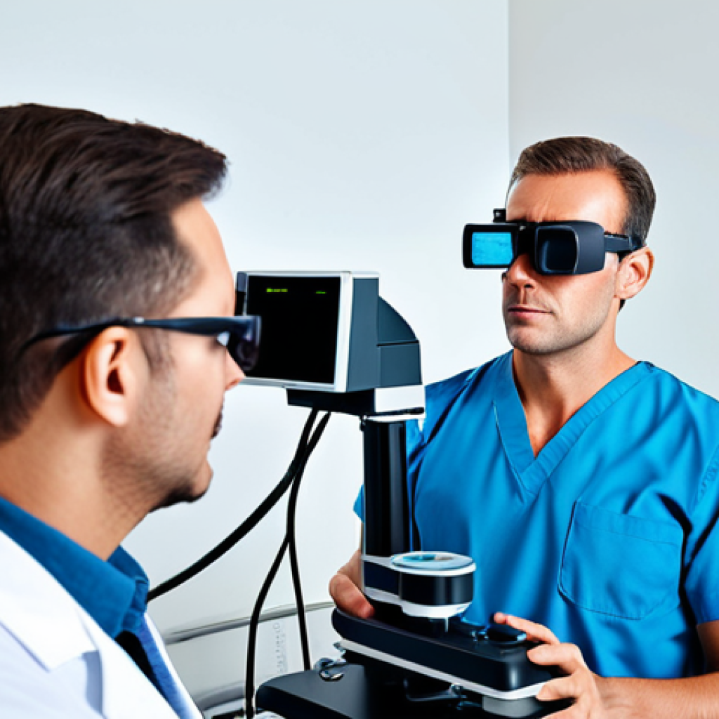 A professional ophthalmologist in a modern clinic, examining a patient with advanced equipment, demonstrating LASIK technology. Safe for work, appropriate content, fully clothed, professional. Perfect anatomy, natural proportions, high resolution.