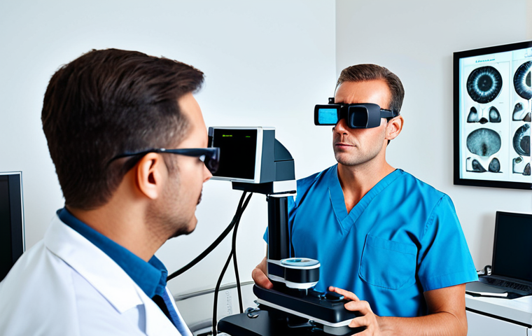 A professional ophthalmologist in a modern clinic, examining a patient with advanced equipment, demonstrating LASIK technology. Safe for work, appropriate content, fully clothed, professional. Perfect anatomy, natural proportions, high resolution.